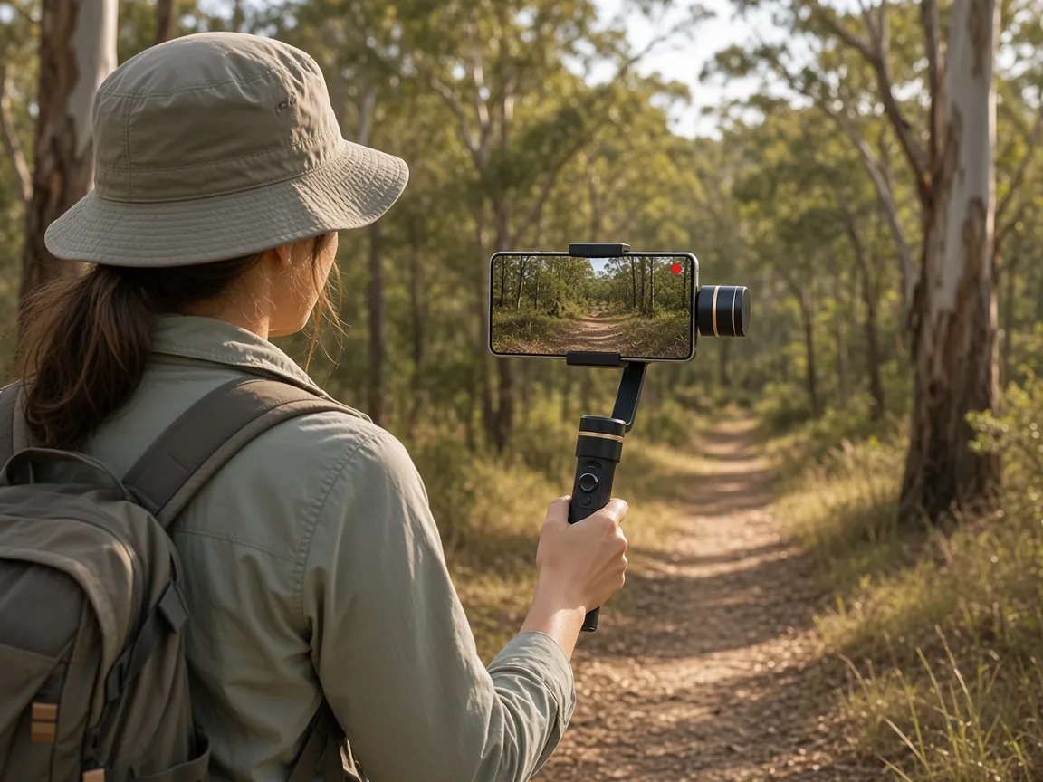 Illustration of a hiker seen from behind filming a bush trail with a smartphone on a handheld gimbal
