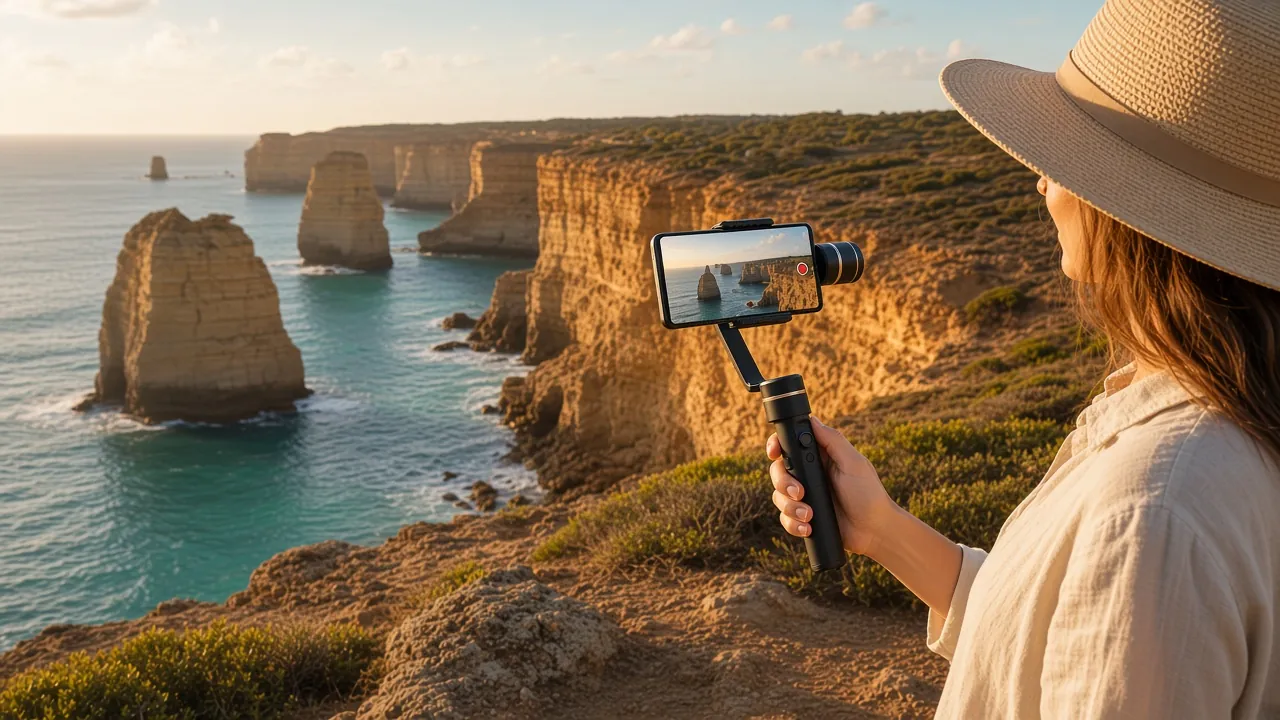 Illustration of a woman in a sun hat filming a limestone coastline with a smartphone on a handheld gimbal