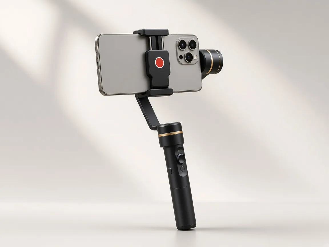 Illustration of a black handheld three-axis gimbal holding a smartphone