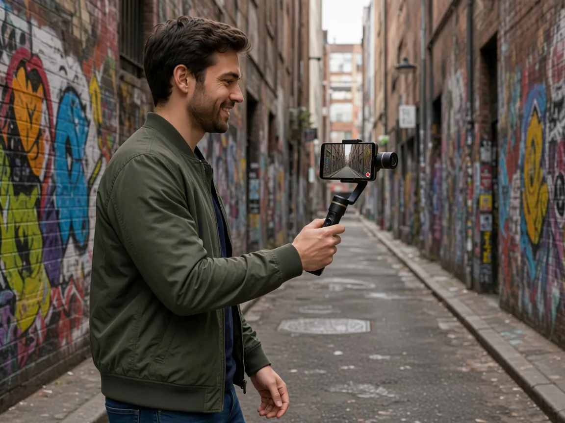 Illustration of a man filming a graffiti-covered laneway with a smartphone on a handheld gimbal
