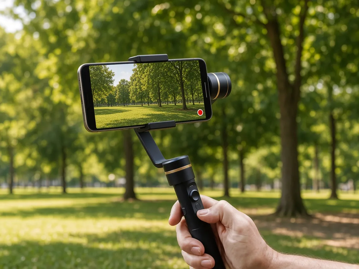 Illustration of a hand holding a handheld gimbal with a smartphone recording a sunlit park